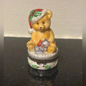 Christmas Teddy Bear w/ Cap Kitten Sleeping Ceramic Trinket Box Hinged Lid Holly